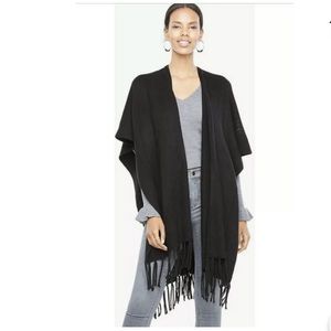 Ann Taylor Fringed Knit Poncho Wrap OS Black #N23